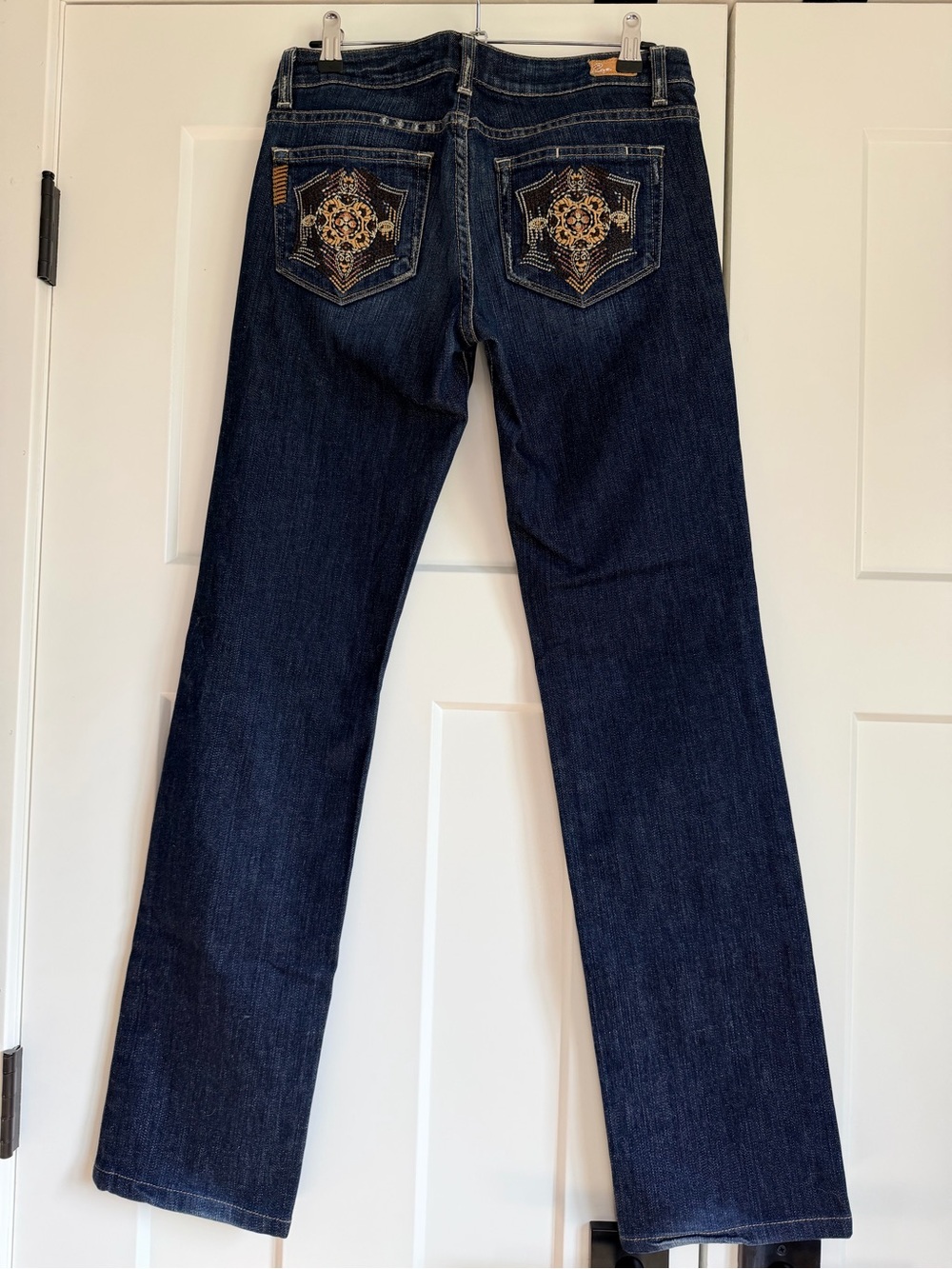 PAIGE Dark Blue Straight Leg Jeans with Embroidered Back Pockets